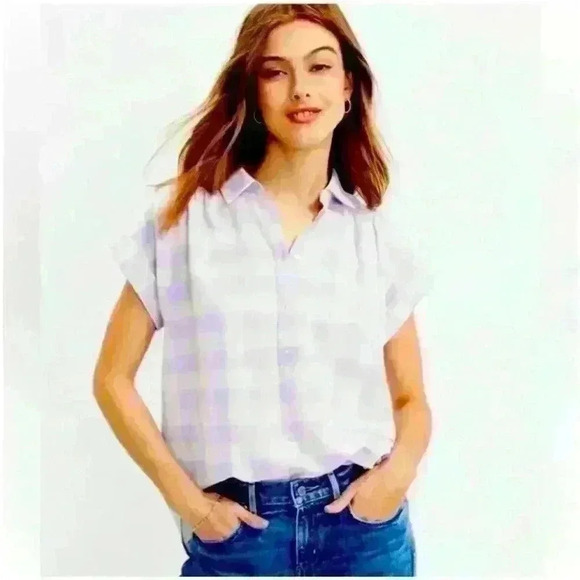 EUC  Loft Pastel Purple Gingham Plaid Linen Dolman Henley Top Size Small - Picture 1 of 5